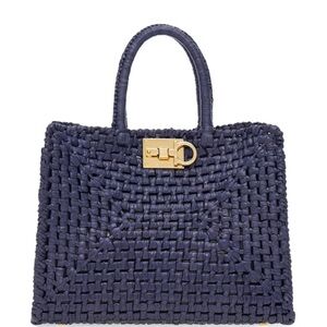 Salvatore Ferragamo Blue Gold Tote Woven Design